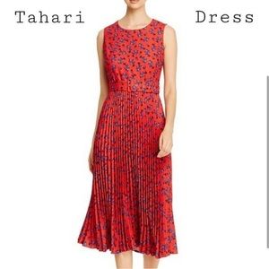 T Tahari Red Blue Floral Dress Pleats Pleated Belt July 4th Dress independence